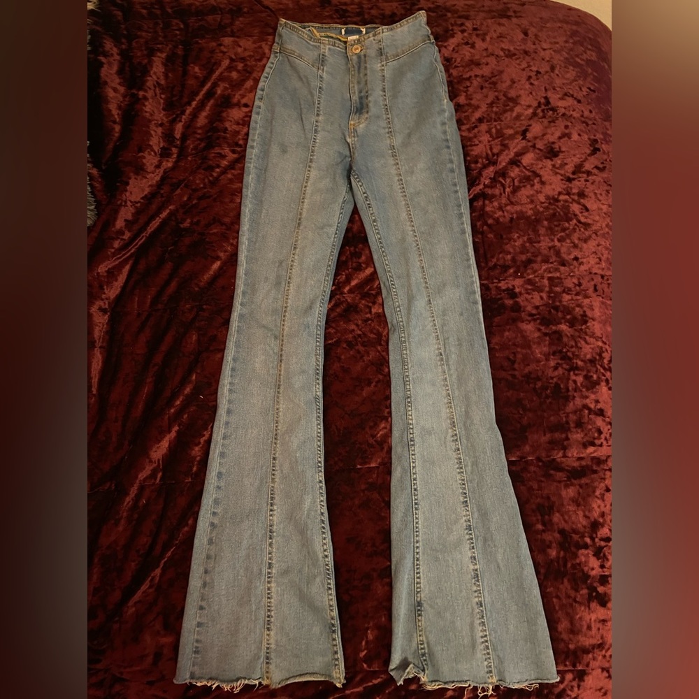 High Waisted Flared Blue Jeans